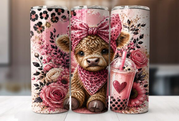 Download Pink Highland Cow Floral Tumbler Wraps - Tumbler wrap Collection